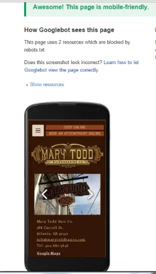 Mobile Friendly Test for Wix Sample Website showed a good responsive view.
