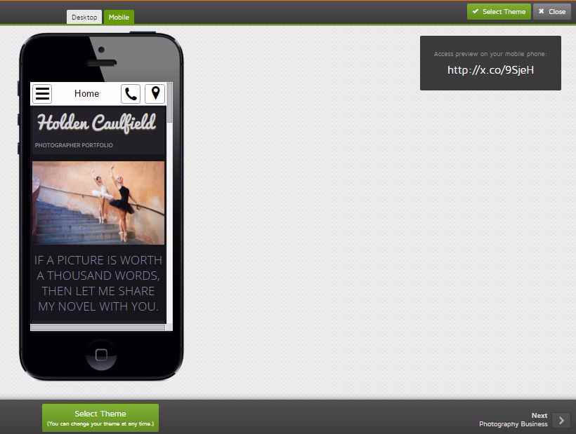 GoDaddy theme mobile view and web address
