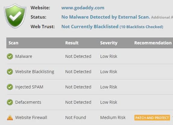 GoDaddy Website Security Test for malware and virus vulnerabilities.