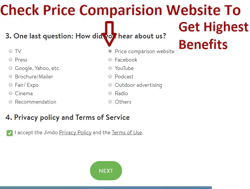 While billing, Jimdo will ask you how you know about Jimdo. Select price comparison website to get offers. 