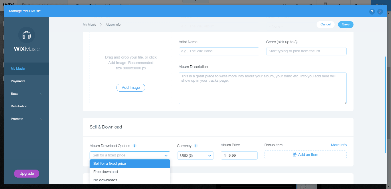 Wix music price & payment settings. Sell directly from your wbesite.