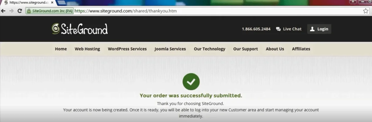 Order successfully submitted message after you paid