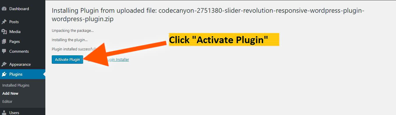 activate slider revolution plugin