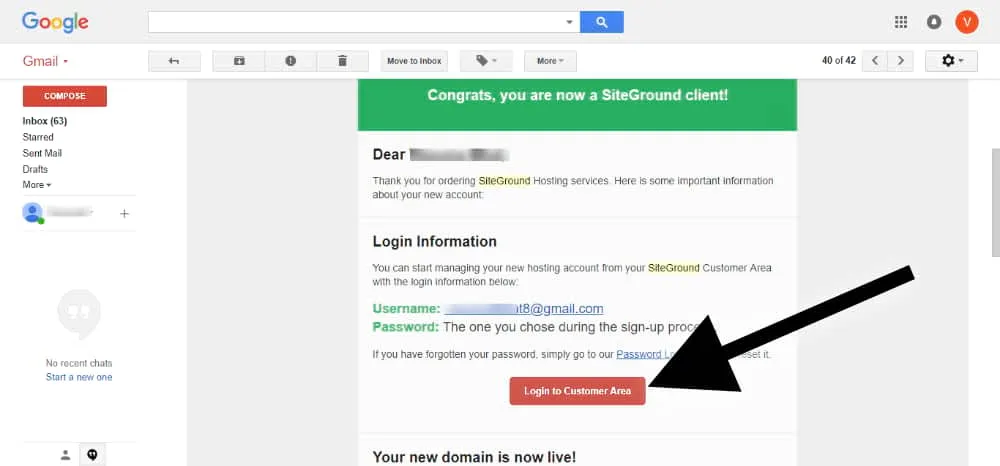 website hosting customer details on the email