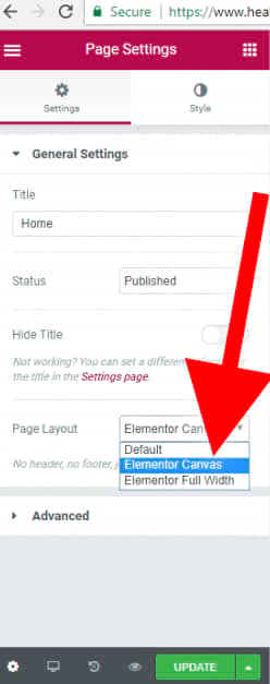 click elementor canvas to make a blank web page
