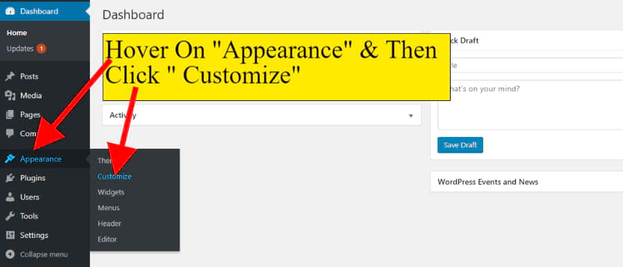 Hover on appearance & click customize to fill your website details