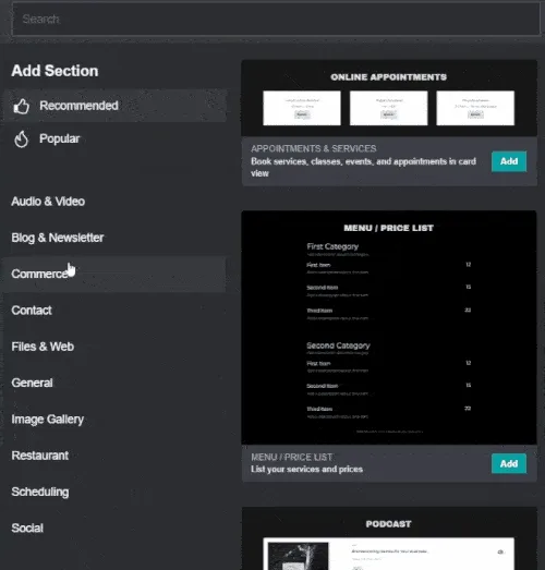 Godaddy inbuilt sections