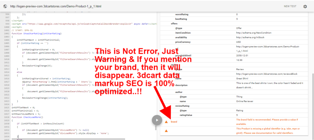 template SEO Google markup data test showed brand value is missing