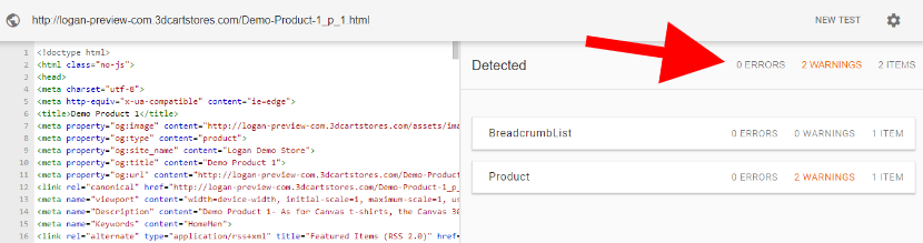 product page SEO Google structual markup data test showed zero errors and 2 warnings
