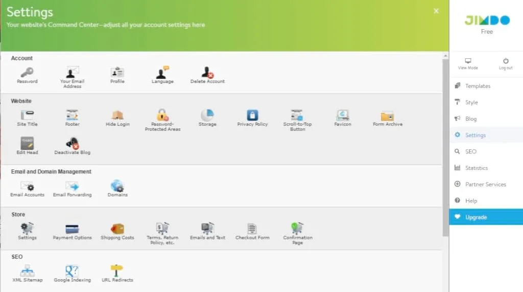 Jimdo dashboard & Settings included all essential things.