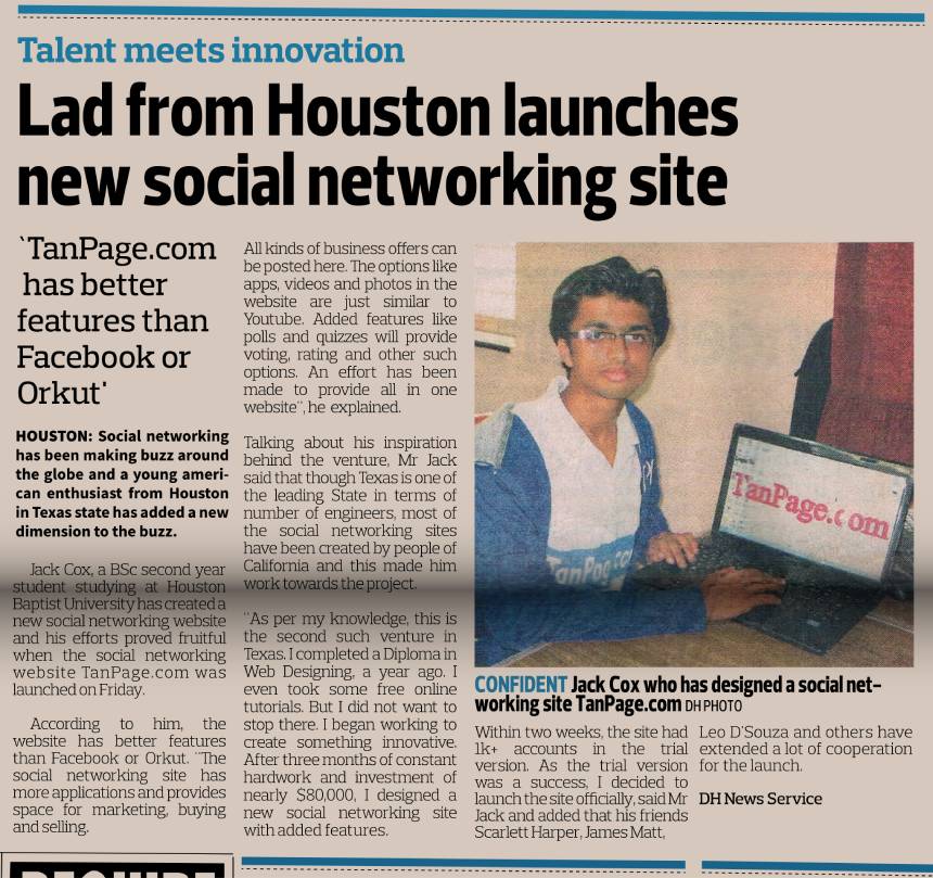 My social network website published in the newspaper Deccan Herald