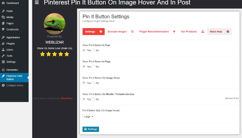 Pinterest pin image plugin settings
