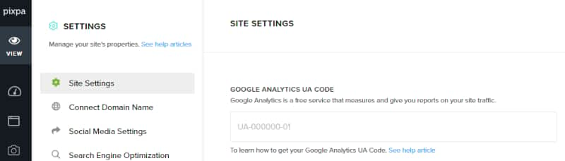 Pixpa Google analytic setting
