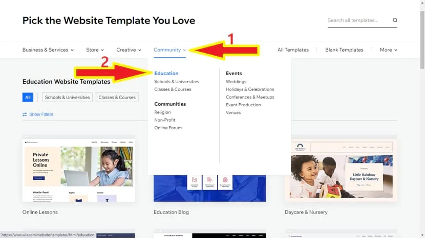 Select education menu to find school templates