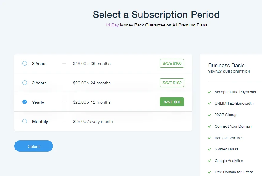 Select the subscription period as yearly