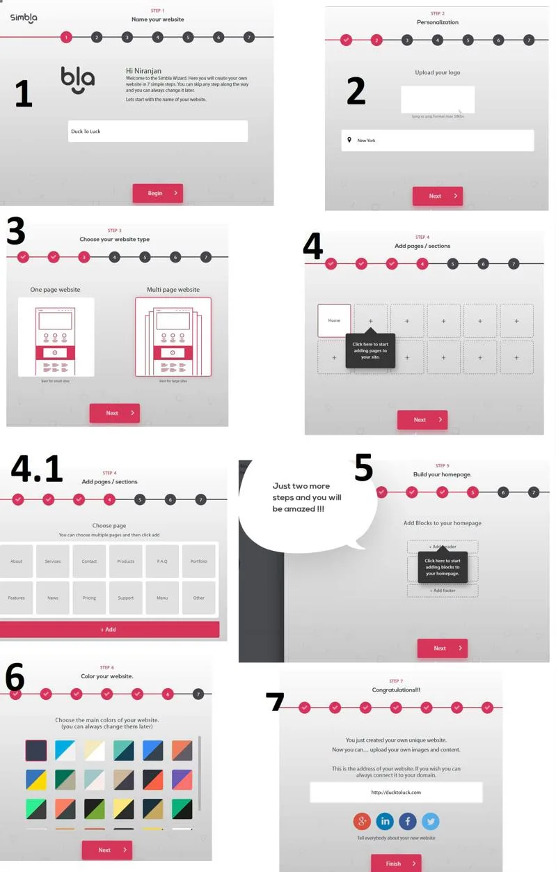 Simbla website wizard To create yourself in 7 steps showing naming a website, upload logo, adding pages, color, selecting type & website URL