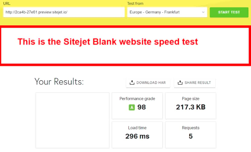 Sitejet blank website speed test