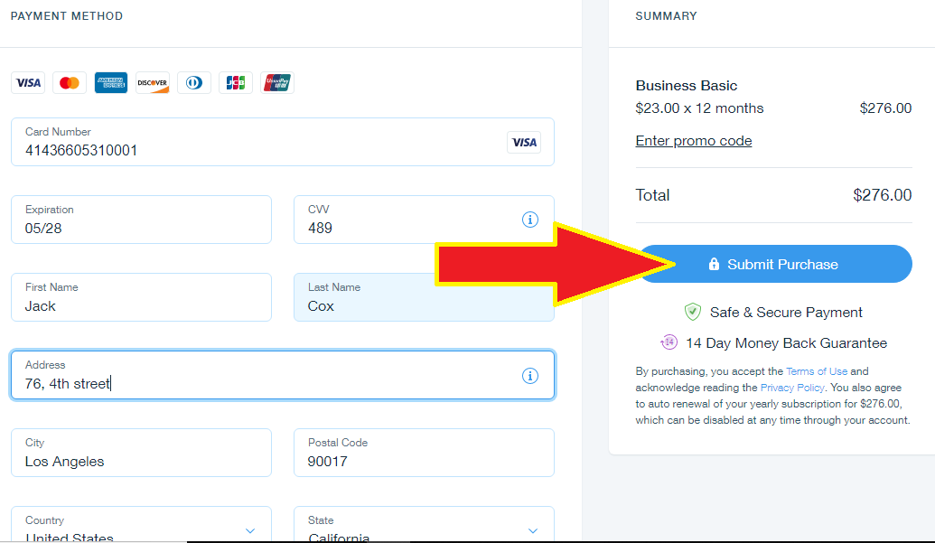 Submit payment for your Wix eCommerce yearly plan