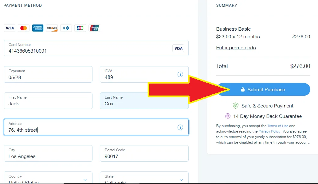 Submit payment for your Wix eCommerce yearly plan