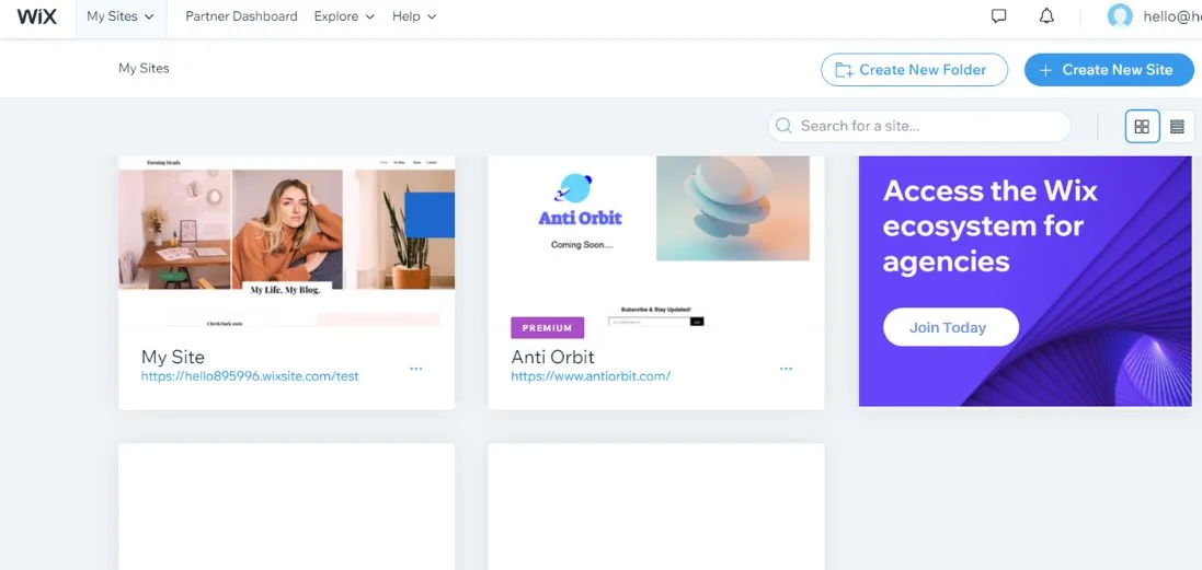 Wix My Sites Dashboard with a premium business unlimited plan website