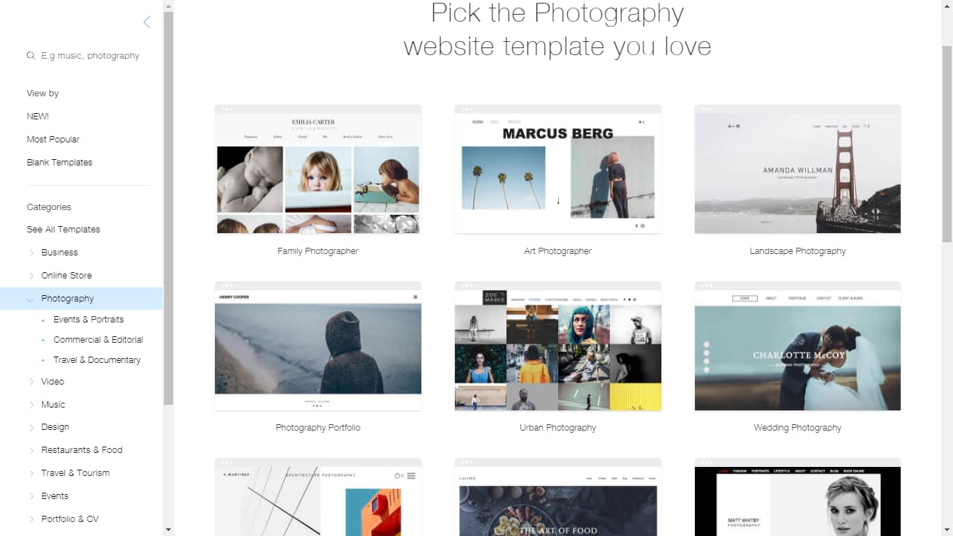 Wix photography templates or templates or ready made sites