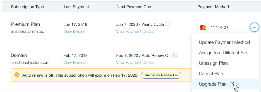 Wix pricing and plan change setting