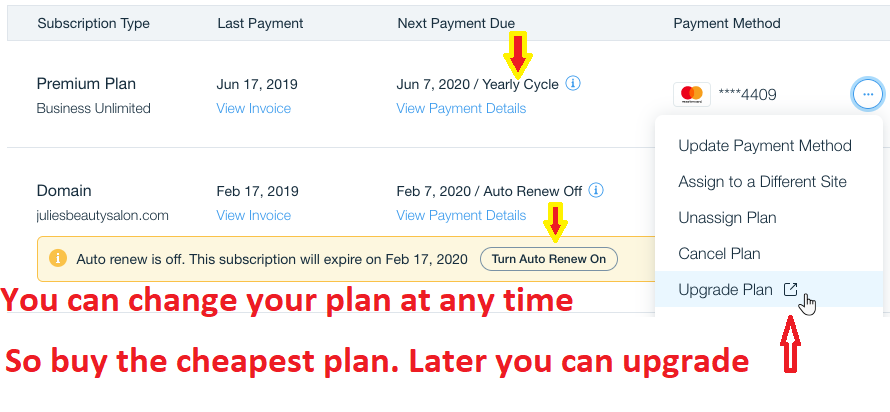 Wix pricing and plan change setting. You can upgrade the plan at any time