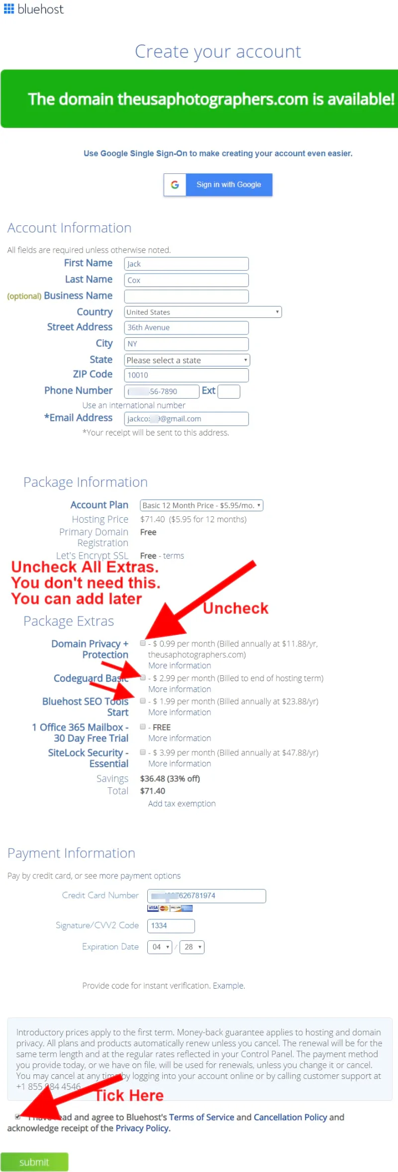 bluehost filling the account details and payment