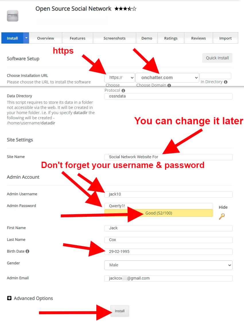 set up and install social network website like facebook application OSSN